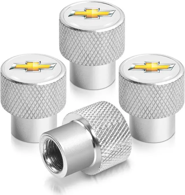Alt view image 2 of 6 - Chevrolet Golden Logo in White on Shining Silver Aluminum Tire Valve Stem Caps