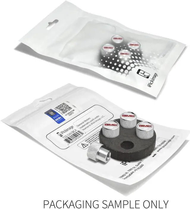 Alt view image 4 of 6 - GMC Red Logo in White on Shining Silver Aluminum Tire Valve Stem Caps
