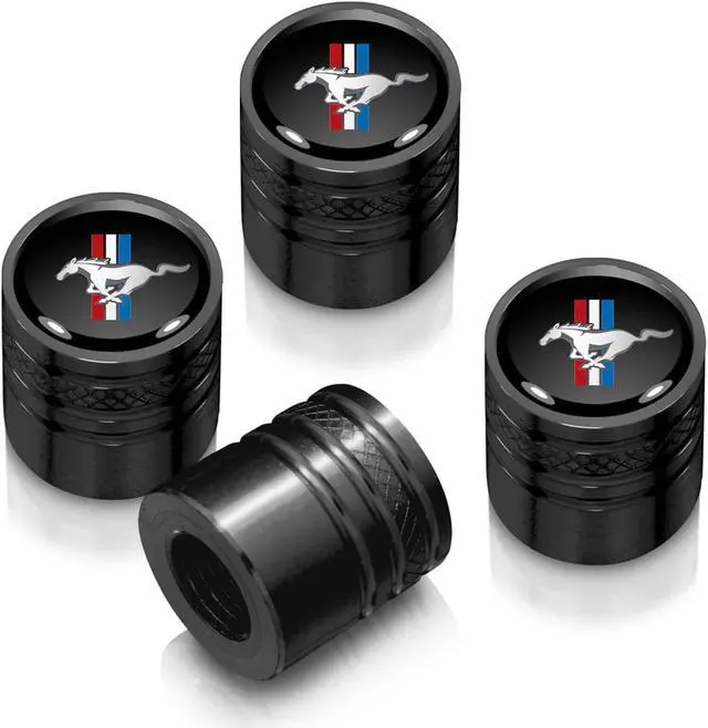 Main image of Ford Mustang Tri-Bar Black on Black Aluminum Cylinder-Style Tire Valve Stem Caps