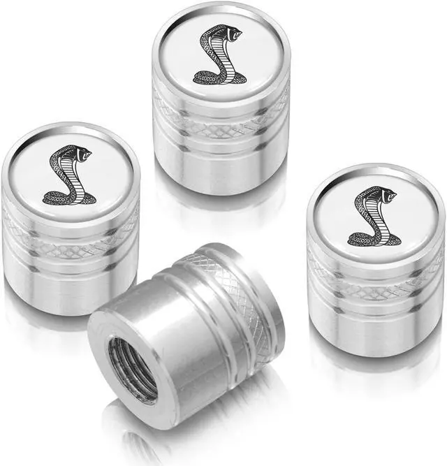 Main image of Ford Mustang Cobra White on Silver Aluminum Cylinder-Style Tire Valve Stem Caps