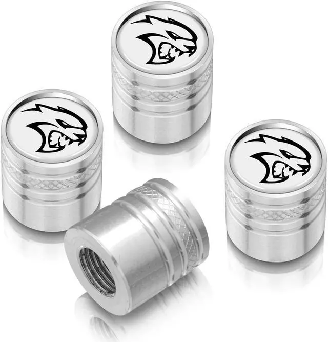 Main image of Dodge SRT Hellcat White on Silver Aluminum Cylinder-Style Tire Valve Stem Caps