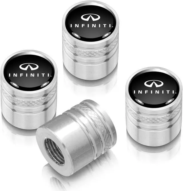 Main image of INFINITI Logo Black on Silver Aluminum Cylinder-Style Tire Valve Stem Caps