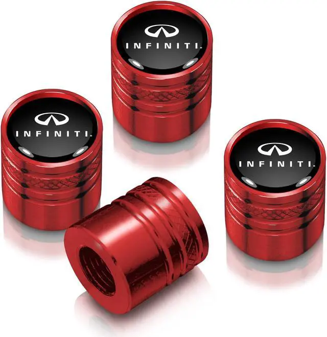 Main image of INFINITI Logo in Black on Red Aluminum Cylinder-Style Tire Valve Stem Caps