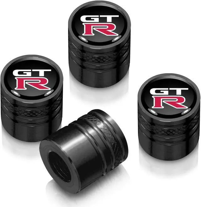 Main image of Nissan GT-R in Black on Black Aluminum Cylinder-Style Tire Valve Stem Caps