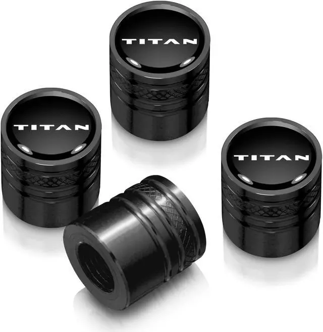 Main image of Nissan Titan in Black on Black Aluminum Cylinder-Style Tire Valve Stem Caps