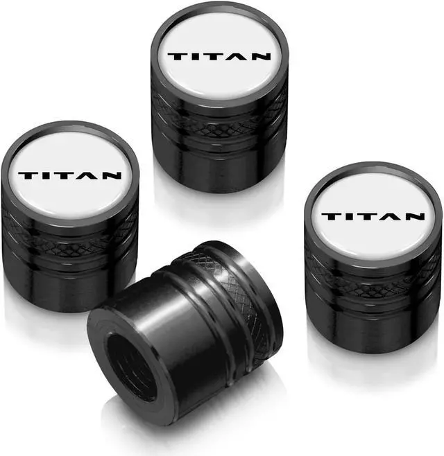 Main image of Nissan Titan in White on Black Aluminum Cylinder-Style Tire Valve Stem Caps