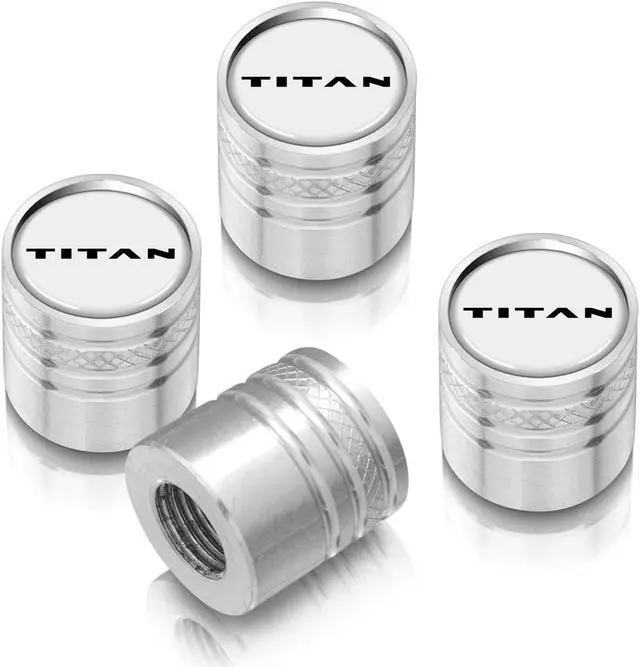 Main image of Nissan Titan White on Silver Aluminum Cylinder-Style Tire Valve Stem Caps