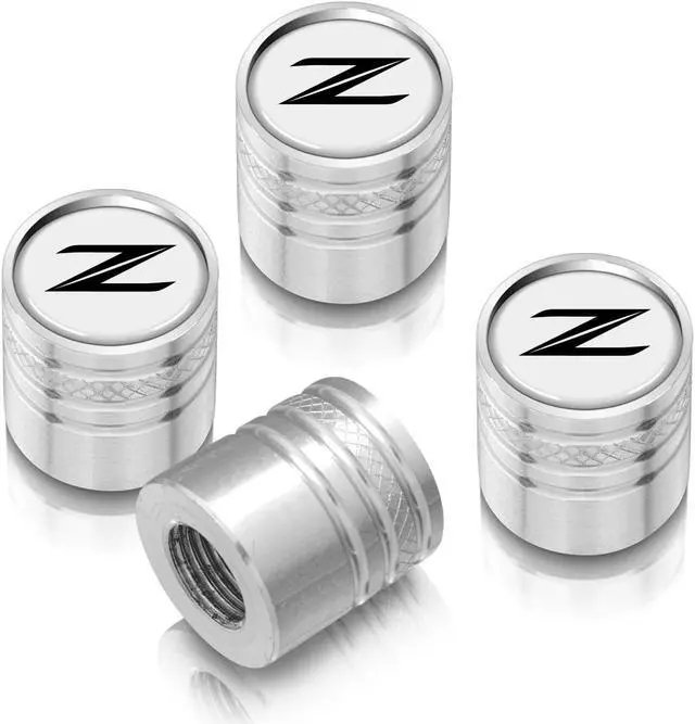 Main image of Nissan 370Z Z Logo White on Silver Aluminum Cylinder-Style Tire Valve Stem Caps