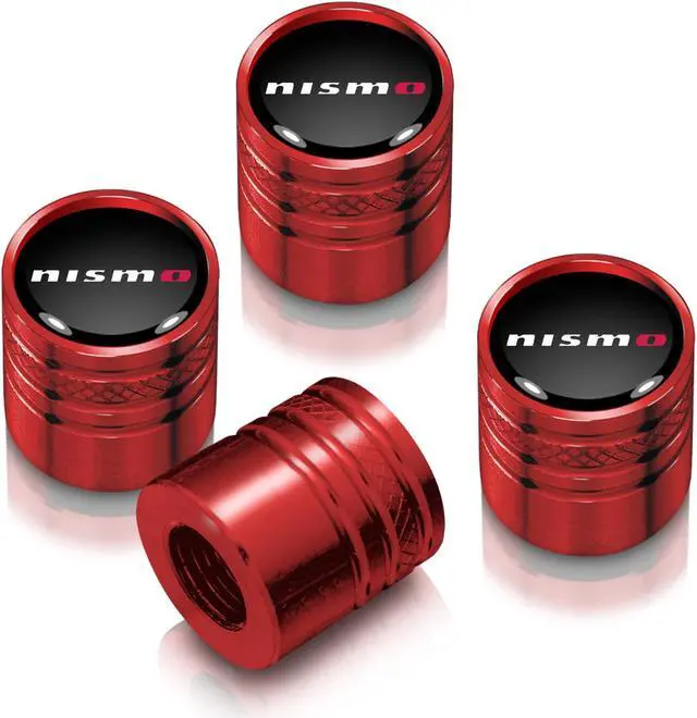 Main image of Nissan NISMO in Black on Red Aluminum Cylinder-Style Tire Valve Stem Caps