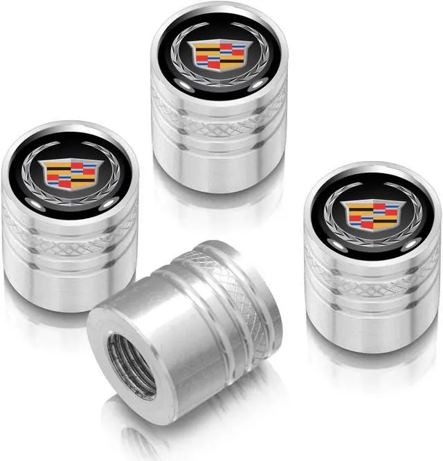 Main image of Cadillac Logo in Black on Shining Silver Aluminum Cylinder-Style Tire Valve Stem Caps