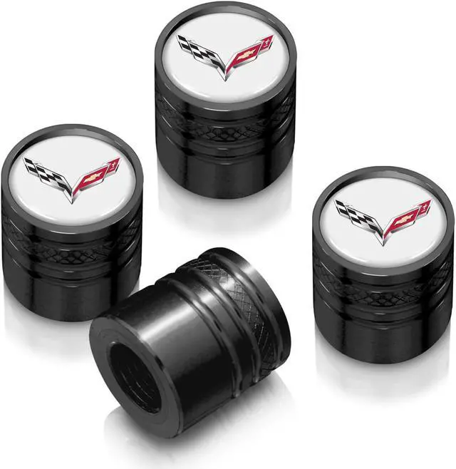 Main image of Chevrolet Corvette C7 Logo in White on Black Aluminum Cylinder-Style Tire Valve Stem Caps