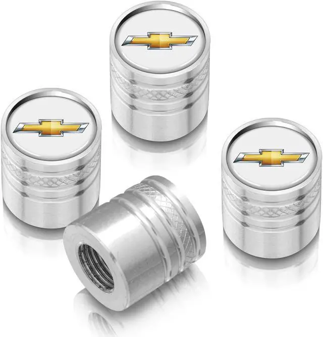 Main image of Chevrolet Golden Logo in White on Shining Silver Aluminum Cylinder-Style Tire Valve Stem Caps