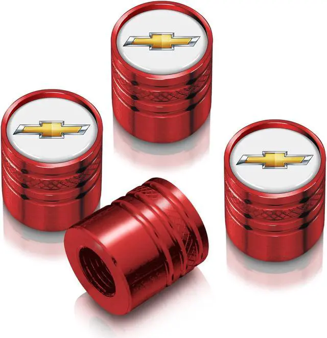 Main image of Chevrolet Golden Logo in White on Red Aluminum Cylinder-Style Tire Valve Stem Caps