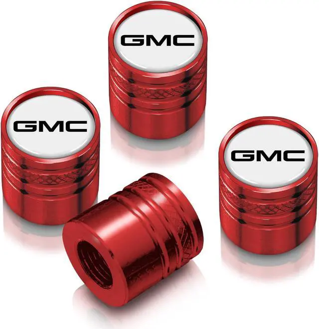 Main image of GMC Logo in White on Red Aluminum Cylinder-Style Tire Valve Stem Caps