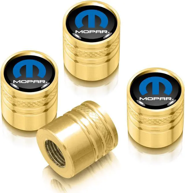 Main image of Mopar in Black on Golden Aluminum Cylinder-Style Tire Valve Stem Caps