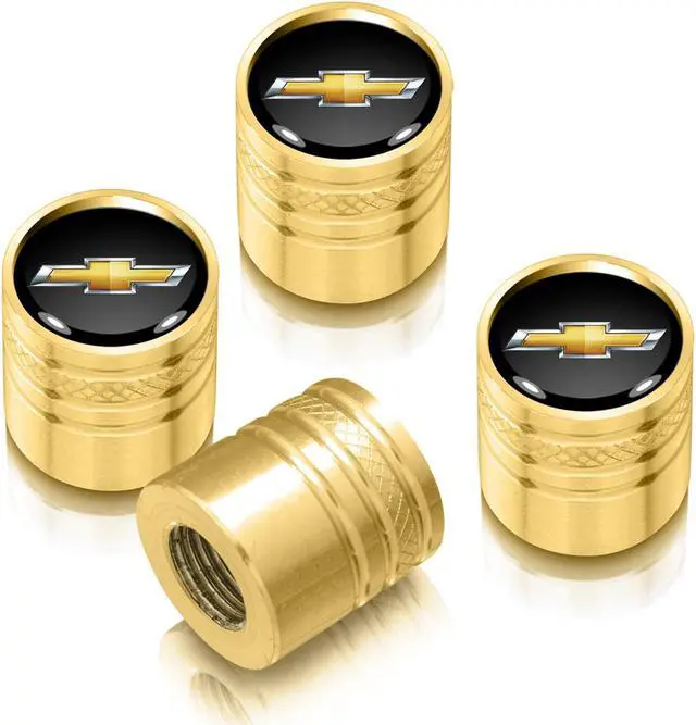 Main image of Chevrolet Golden Logo in Black on Golden Aluminum Cylinder-Style Tire Valve Stem Caps