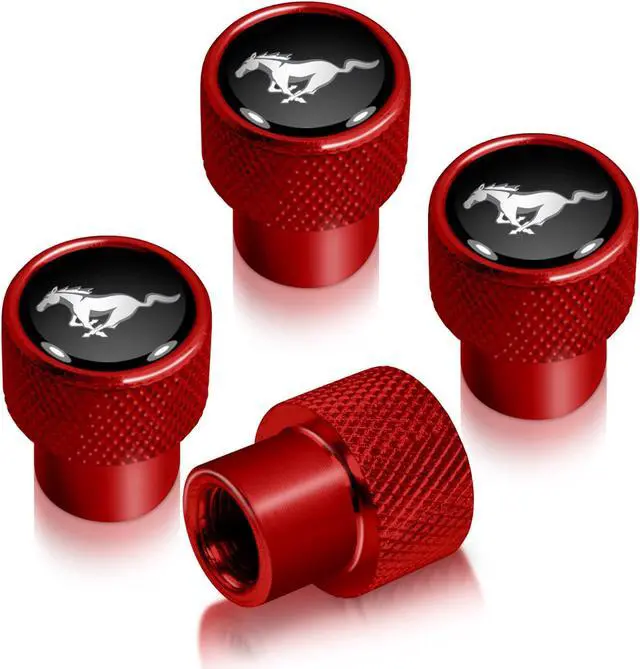 Main image of Ford Mustang Logo in Black on Red Aluminum Tire Valve Stem Caps