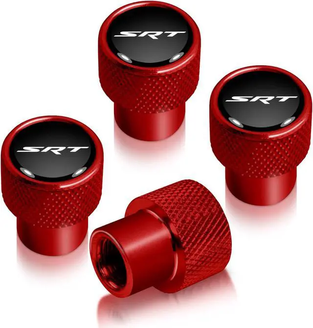 Main image of Dodge SRT Logo in Black on Red Aluminum Tire Valve Stem Caps for Jeep RAM