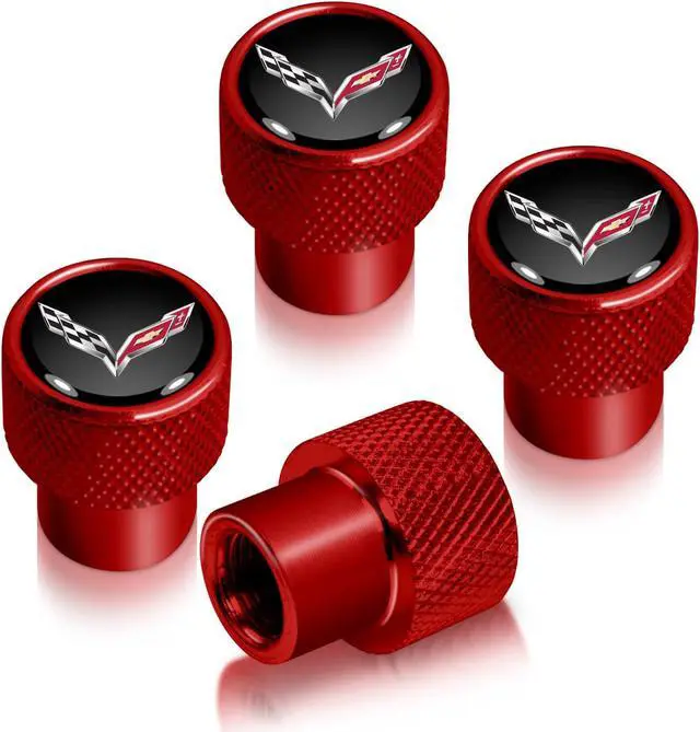 Main image of Chevrolet Corvette C7 Logo in Black on Red Aluminum Tire Valve Stem Caps
