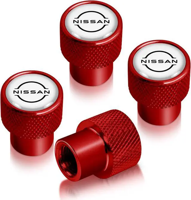 Main image of Nissan New Logo in White on Red Aluminum Tire Valve Stem Caps