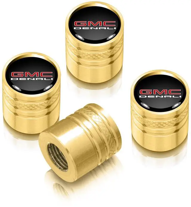 Main image of GMC Denali Nameplate in Black on Golden Aluminum Cylinder-Style Tire Valve Stem Caps