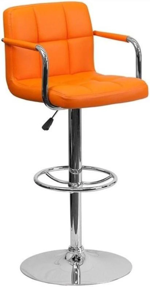 Alt view image 2 of 20 - Contemporary Orange Quilted Vinyl Adjustable Height Barstool with Arms and Chrome Base