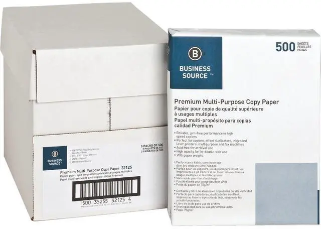 Main image of Business Source Multipurpose Paper 20lb. 92 Bright 8-1/2"x11" 5RM/CT White 32125