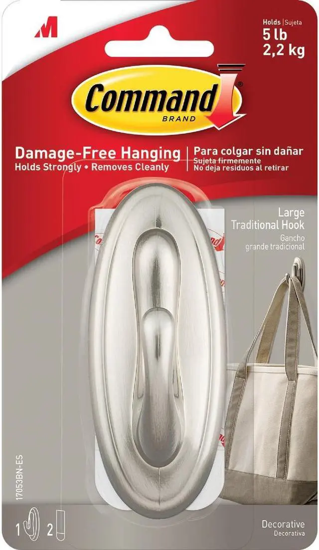 Alt view image 3 of 4 - 3M 17053BN Command Traditional Brushed Nickel Finish Large Hook 1 hook, 2 strips