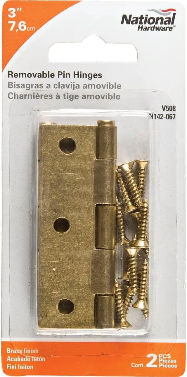 Alt view image 4 of 4 - 3" Brass Removable Pin Narrow Hinges (Pack of 2)
