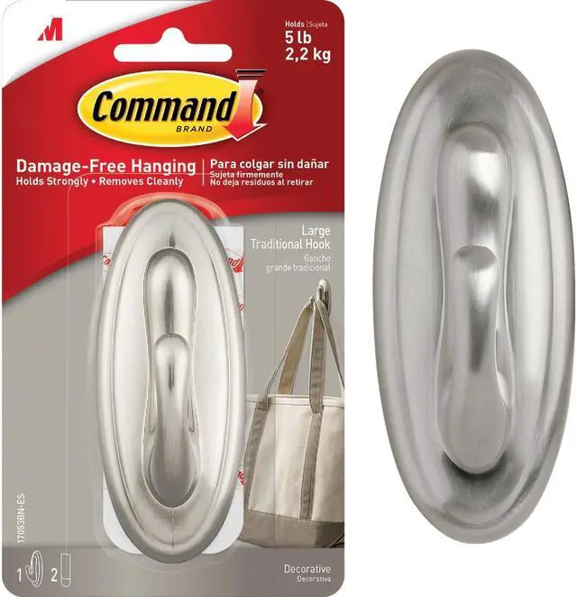 Alt view image 2 of 4 - 3M 17053BN Command Traditional Brushed Nickel Finish Large Hook 1 hook, 2 strips