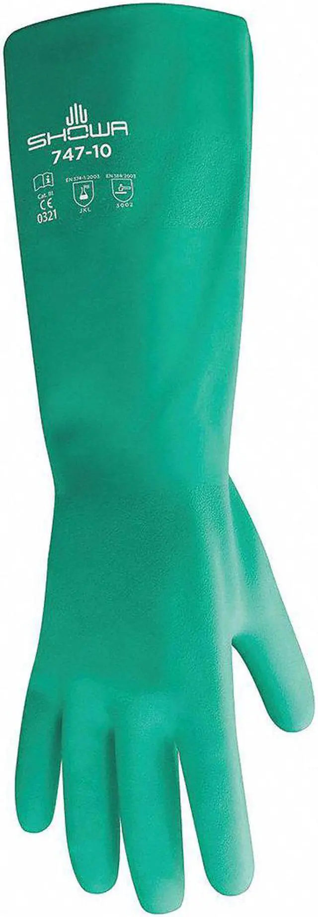Main image of SHOWA 747-09 747 Chemical Resistant Gloves, Nitrile, 19 in L, 22 mil, Green, 9,