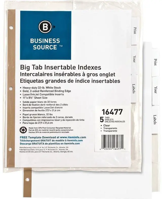 Alt view image 3 of 6 - Business Source Index Dividers 5-Tab 11"x8-1/2" White Stock/Clear Tabs 16477