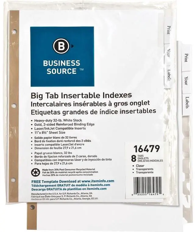 Alt view image 3 of 12 - Business Source Index Dividers 8-Tab 11"x8-1/2" White Stock/Clear Tabs 16479