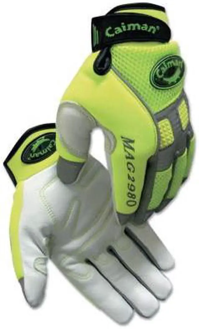Alt view image 3 of 3 - CAIMAN 2980-6 Hi-Vis Mechanics Gloves, Goat Grain Leather Palm, XL, Yellow/White