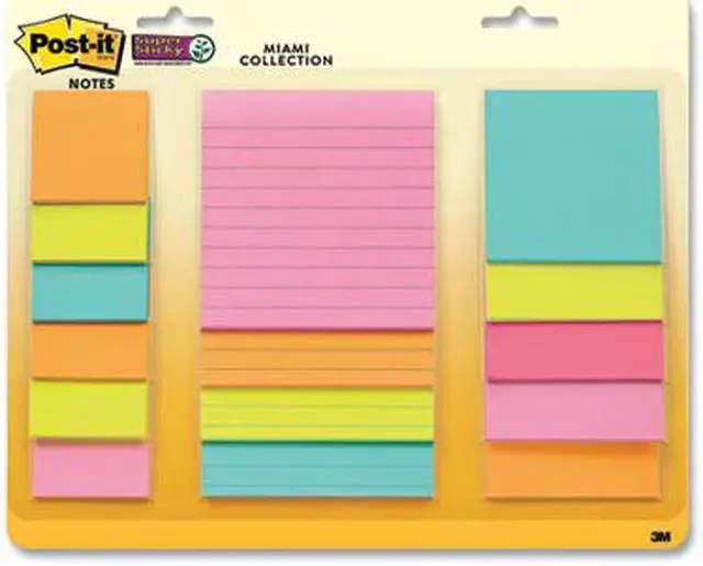Alt view image 3 of 13 - Post-it Super Sticky Notes, Assorted Sizes, 15 Pads, 2x the Sticking Power, Miami Collection, Neon Colors (Orange, Pink, Blue, Green), Recyclable (4423-15SSMIA)