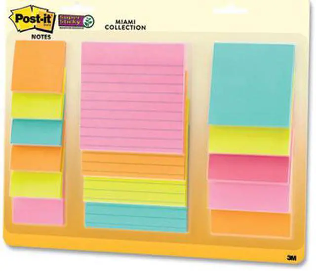 Alt view image 6 of 13 - Post-it Super Sticky Notes, Assorted Sizes, 15 Pads, 2x the Sticking Power, Miami Collection, Neon Colors (Orange, Pink, Blue, Green), Recyclable (4423-15SSMIA)