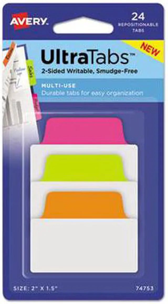 Alt view image 8 of 11 - Avery Ultra Tabs Repositionable Tabs 2 x 1 1/2 Neon: Green Orange Pink 24/Pack