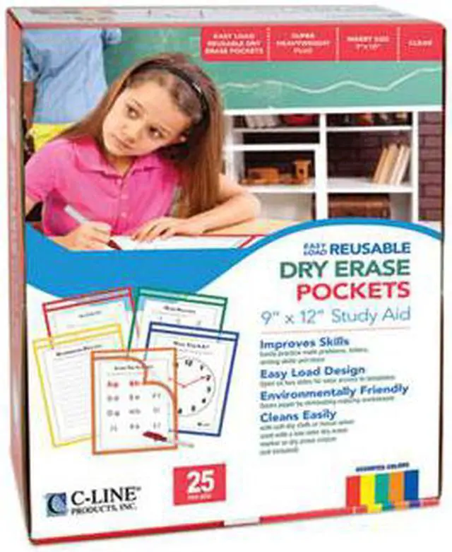 Alt view image 8 of 13 - C-Line 42620 Reusable Dry Erase Pockets, Easy Load, 9 X 12, Assorted Primary Colors, 25/Pack
