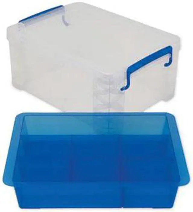Alt view image 9 of 14 - Advantus 37371 Super Stacker Divided Storage Box, Clear W/Blue Tray/Handles, 10.3 X 14.25X 6.5