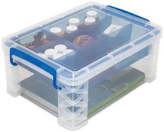 Alt view image 10 of 14 - Advantus 37371 Super Stacker Divided Storage Box, Clear W/Blue Tray/Handles, 10.3 X 14.25X 6.5