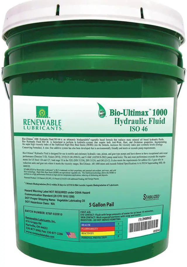 Main image of Vegetable Oil Hydraulic Oil, 5 gal. Pail, ISO Viscosity Grade : 46
