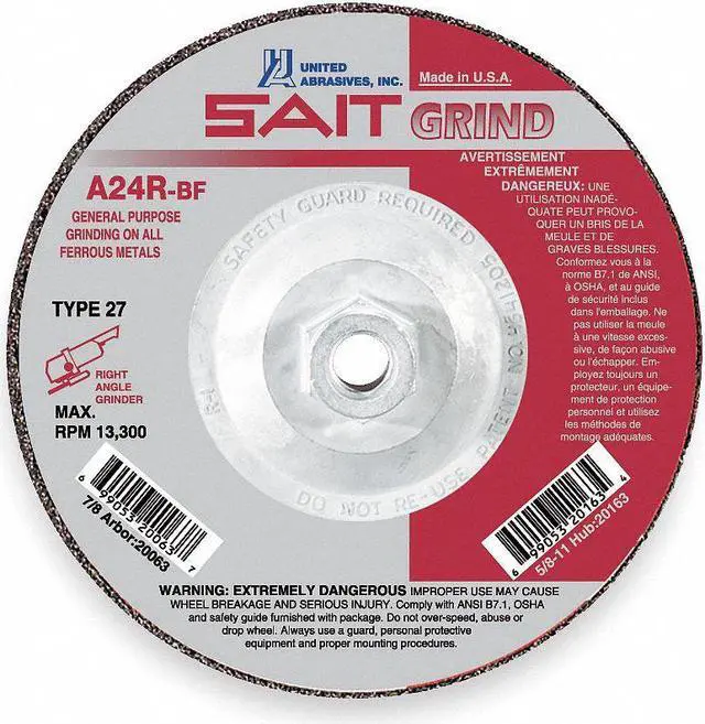 Main image of UNITED ABRASIVES/SAIT 20096 Depressed Center Grinding Wheel, Type 27, 9 in Dia,