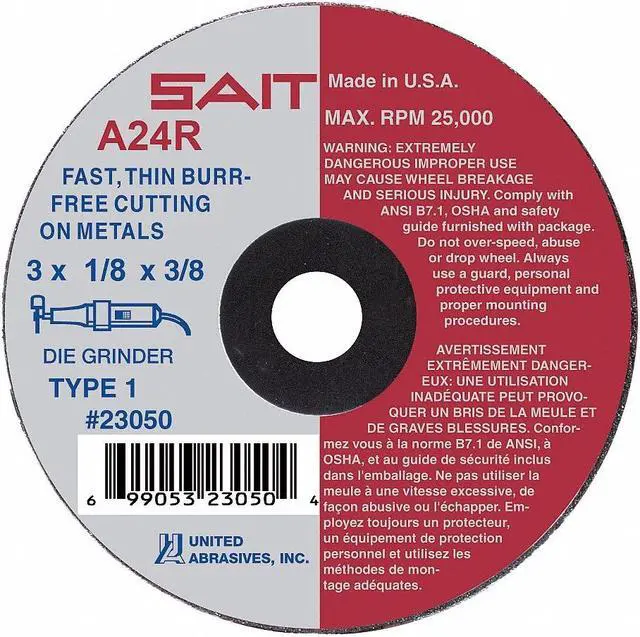 Alt view image 2 of 2 - UNITED ABRASIVES-SAIT 23060 CutOff Wheel,A24R,3"x.125"x3/8",20372rpm