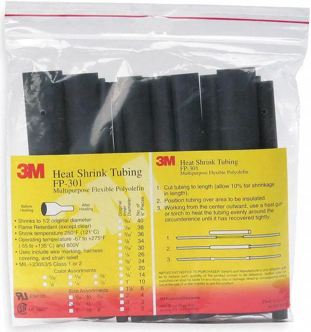 Alt view image 2 of 2 - 3M FP301-1 1/2-6"-BLACK-10-3 PC PKS Heat Shrink Tube, Thin Wall, 2:1 I.D.