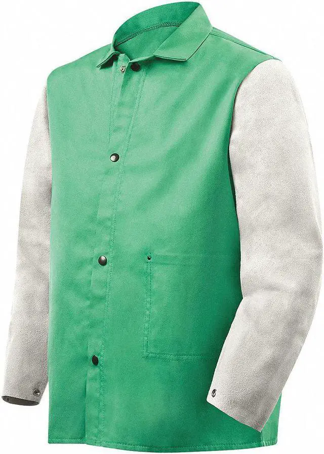 Alt view image 2 of 6 - STEINER 1230-L Flame Resistant Jacket w/Leather Sleeves, Green/Gray, L