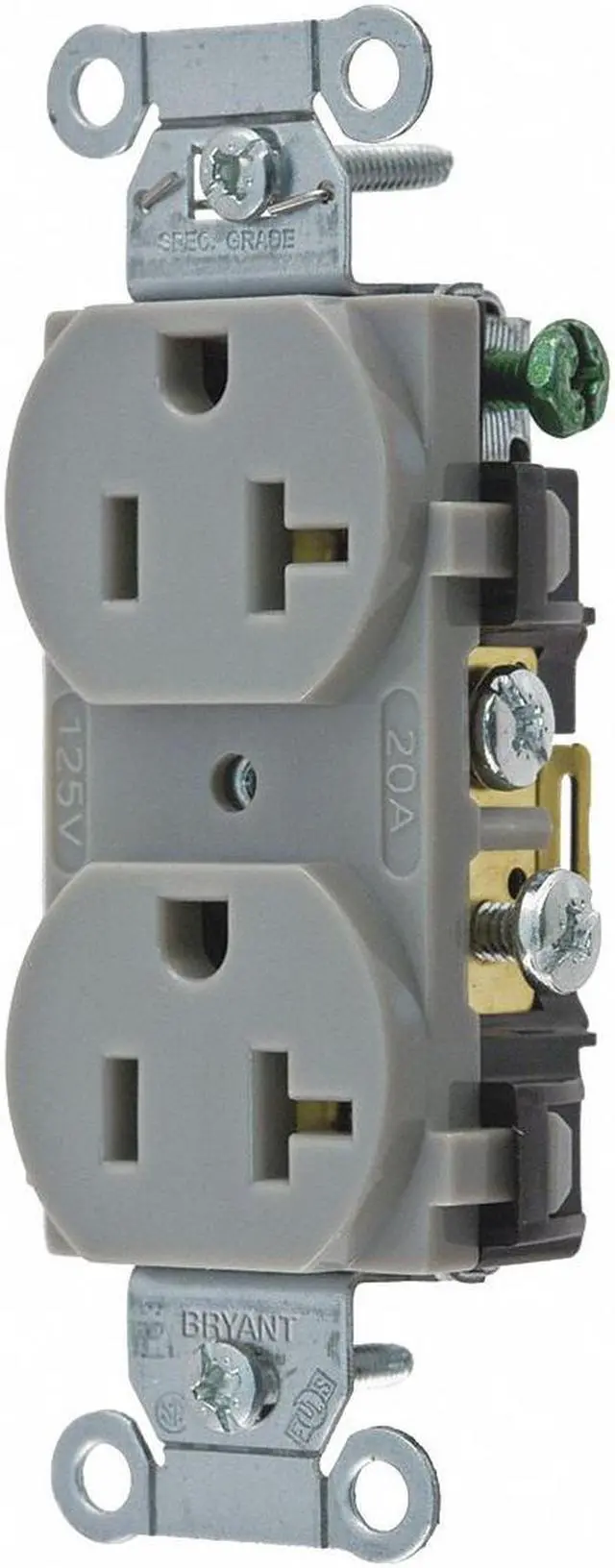 Main image of BRYANT CRS20GRY Straight Blade Receptacle, 5-20R, 20 A, 125V AC, 2 Pole, 3