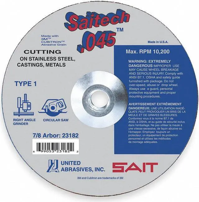 Alt view image 2 of 2 - UNITED ABRASIVES/SAIT 23177 Abrasive Cut-Off Wheel, Type 1, 5 in Dia, 0.045 in