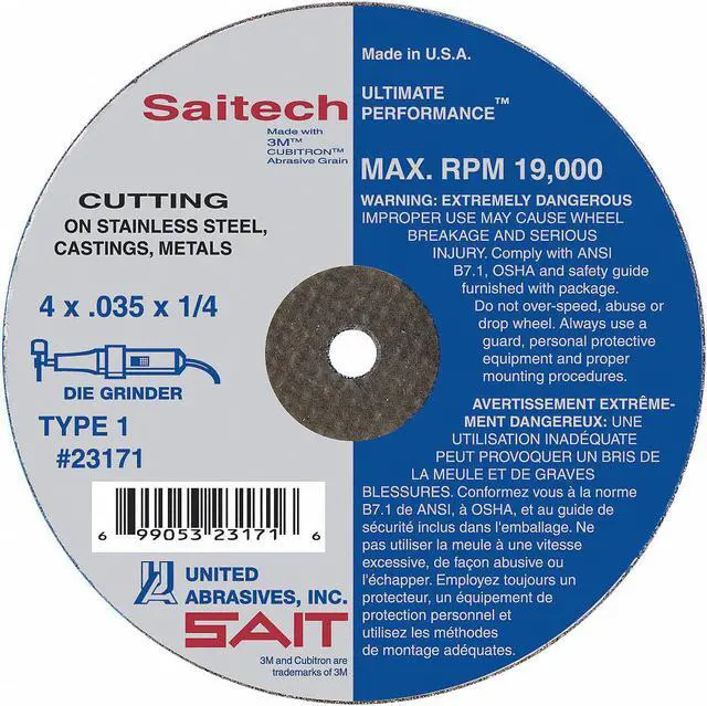 Alt view image 2 of 2 - UNITED ABRASIVES/SAIT 23169 Abrasive Cut-Off Wheel, Type 1, 4 in Dia, 0.035 in