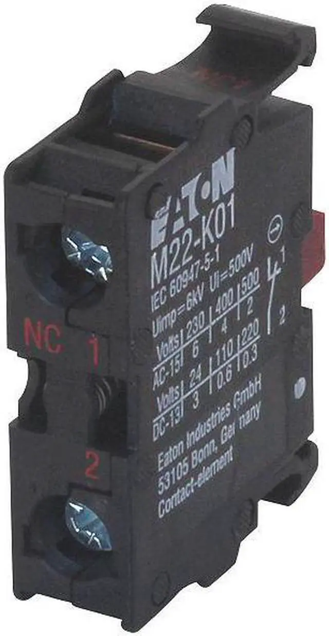 Main image of EATON M22-K01 Contact Block, Screw, Black, 22mm, 1NC