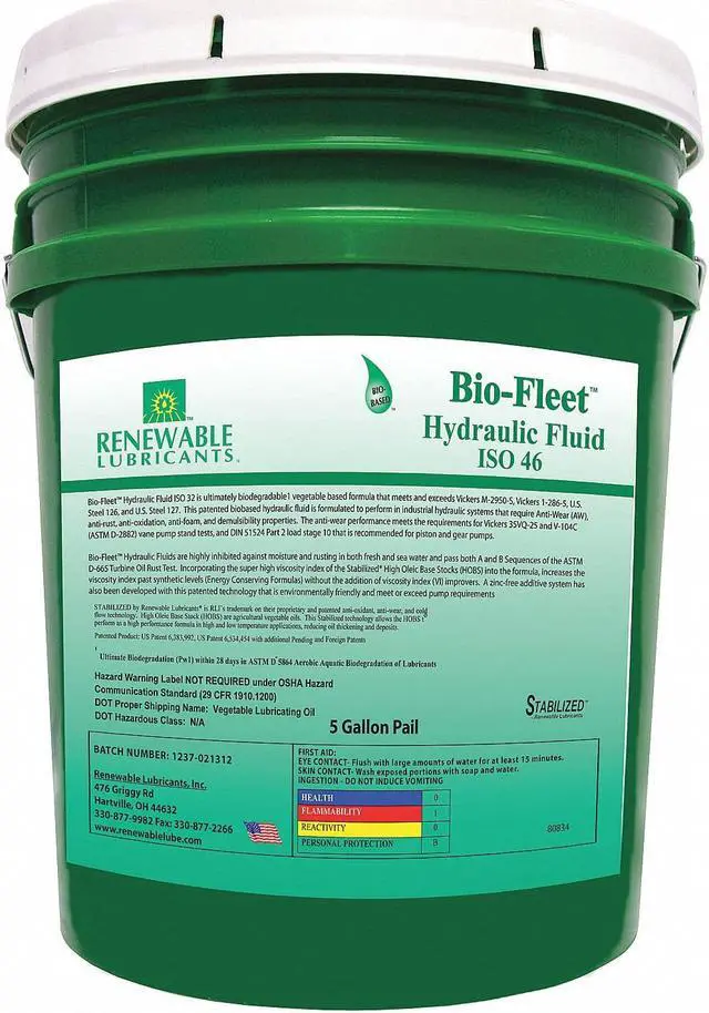 Main image of Vegetable Oil Hydraulic Oil, 5 gal. Pail, ISO Viscosity Grade : 46